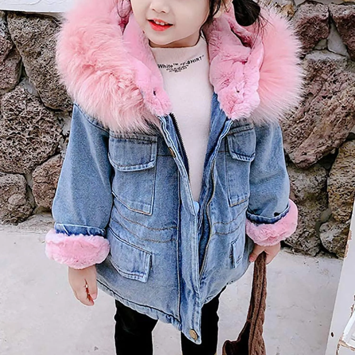 EISHOW Toddler Baby Girls Denim Jacket Faux Fur Collar Hooded Jean Coat Warm Thicken Fleece Lined Plush Jean Outwear Snowsuit