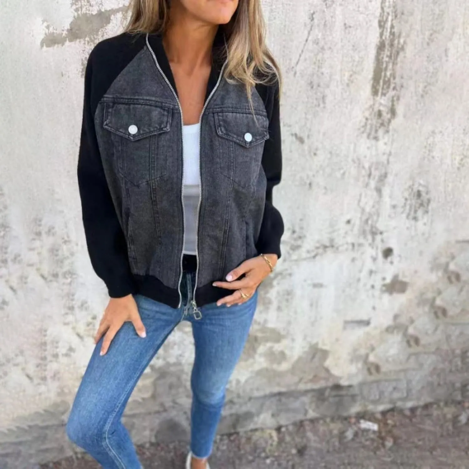 Fall Zip Up Denim Jackets for Women 2024 Long Slevee Washed Lightweight Patchwork Jean Jacket Causal Y2K Sweatshirt