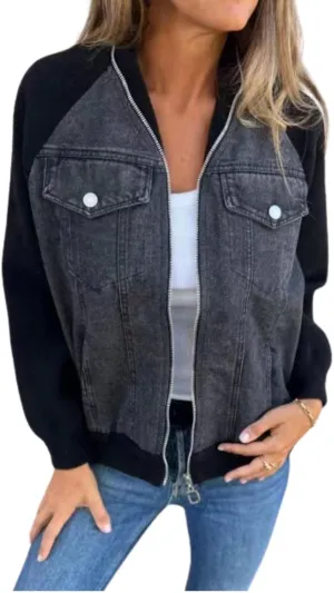 Fall Zip Up Denim Jackets for Women 2024 Long Slevee Washed Lightweight Patchwork Jean Jacket Causal Y2K Sweatshirt
