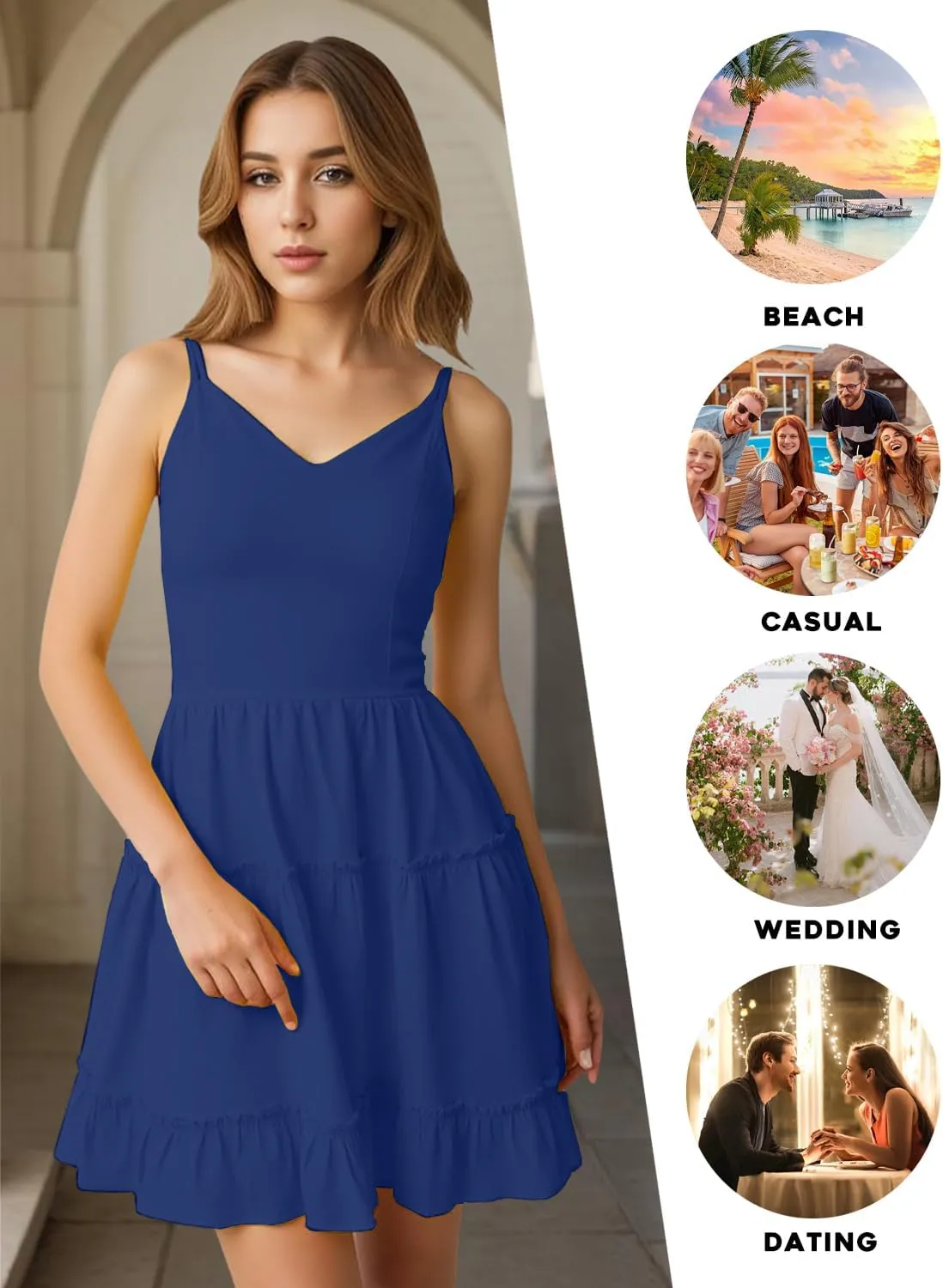 FANCYINN Women Floral Casual Tiered Mini Dresses Spaghetti Strap V Neck Backless A Line Swing Short Dress with Pockets