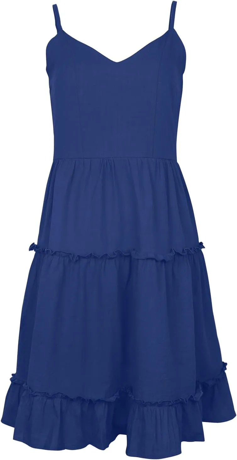 FANCYINN Women Floral Casual Tiered Mini Dresses Spaghetti Strap V Neck Backless A Line Swing Short Dress with Pockets