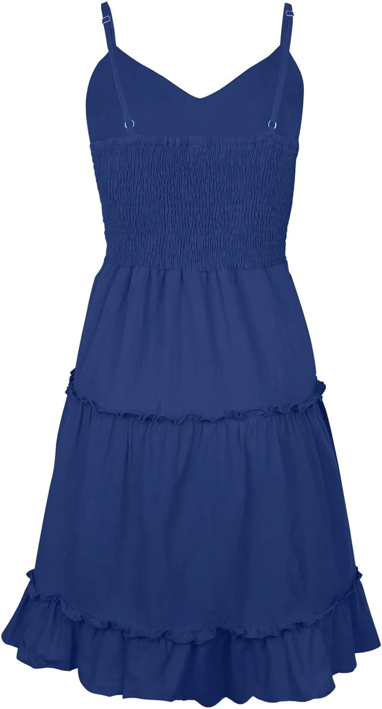 FANCYINN Women Floral Casual Tiered Mini Dresses Spaghetti Strap V Neck Backless A Line Swing Short Dress with Pockets