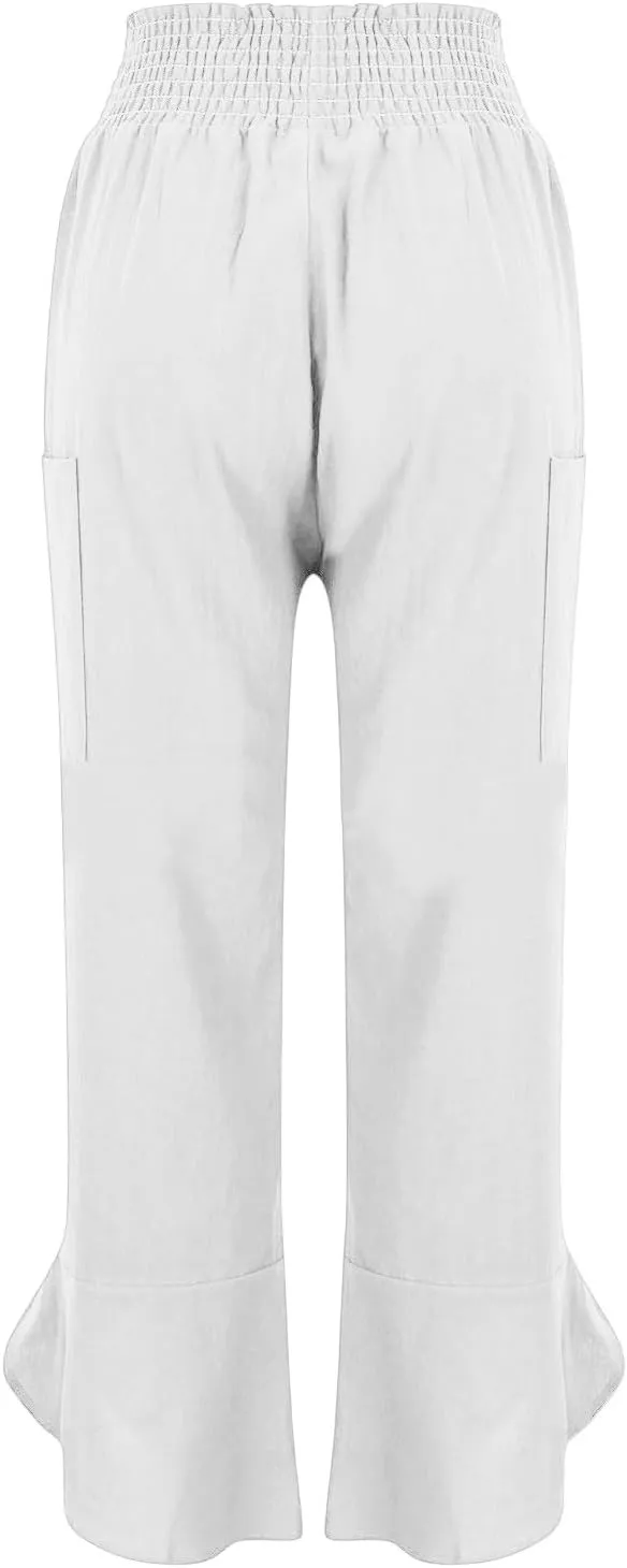 fanmpghleoo Harem Pants Women Cropped Wide Leg Linen Pants Summer Smocked Elastic Waist Yoga Pull On Capris with Pockets