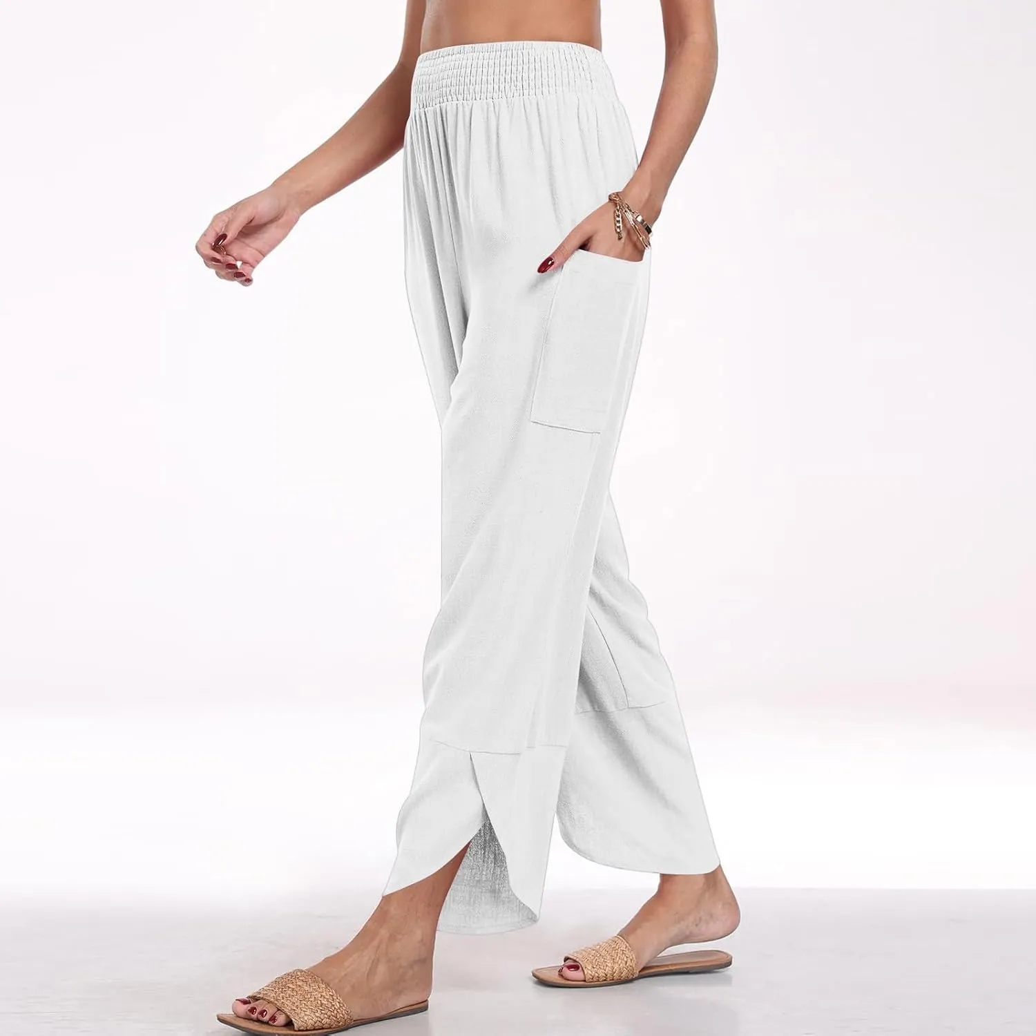 fanmpghleoo Harem Pants Women Cropped Wide Leg Linen Pants Summer Smocked Elastic Waist Yoga Pull On Capris with Pockets