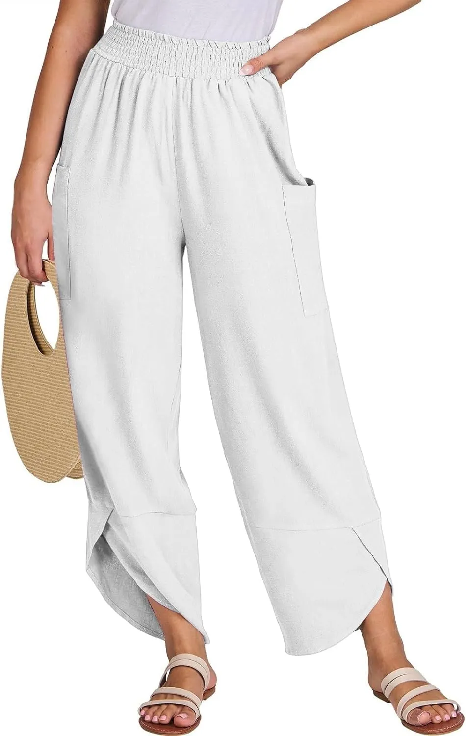 fanmpghleoo Harem Pants Women Cropped Wide Leg Linen Pants Summer Smocked Elastic Waist Yoga Pull On Capris with Pockets