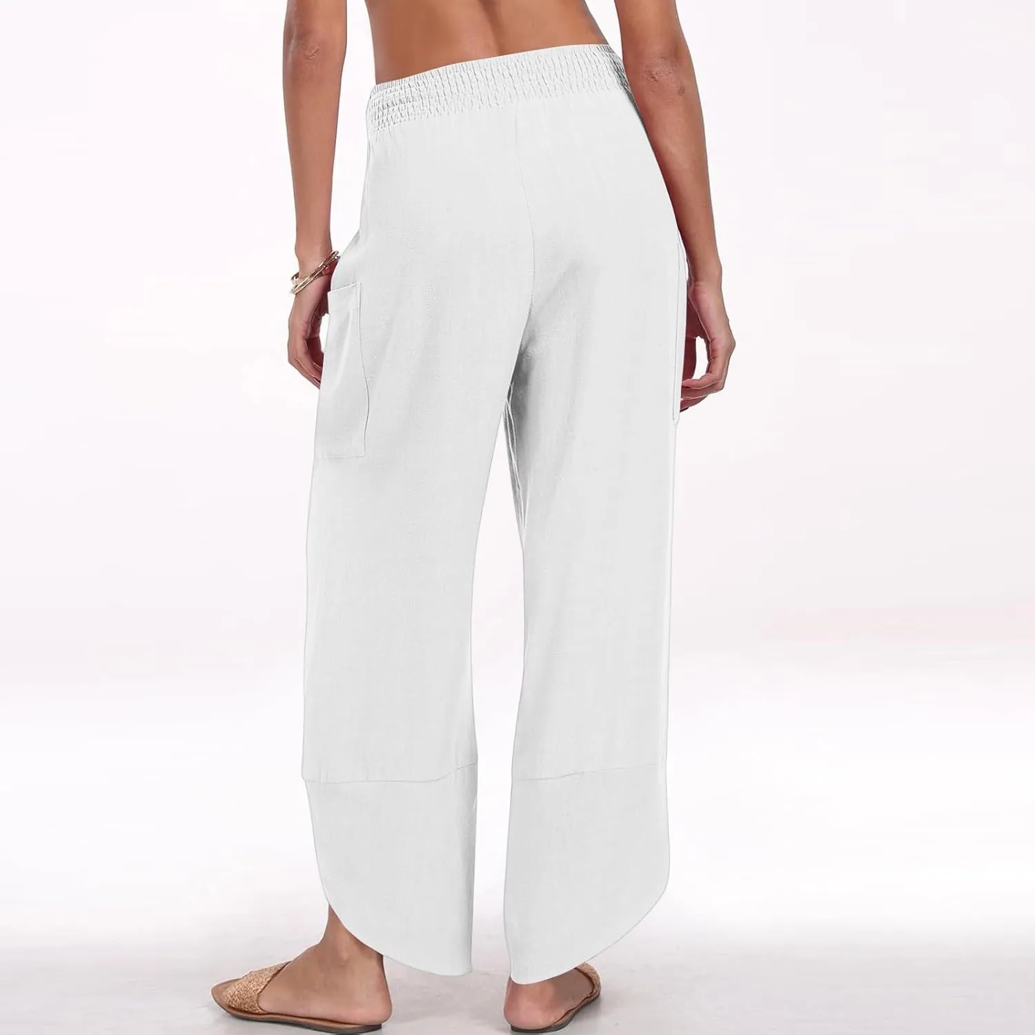 fanmpghleoo Harem Pants Women Cropped Wide Leg Linen Pants Summer Smocked Elastic Waist Yoga Pull On Capris with Pockets