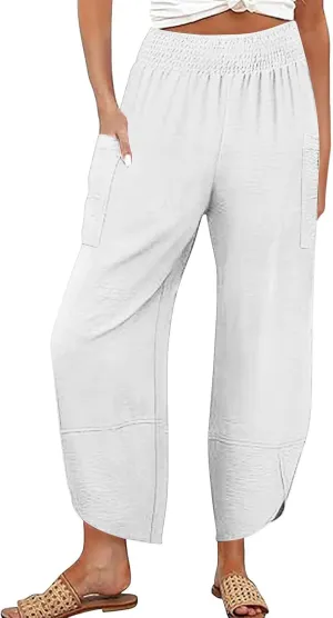 fanmpghleoo Harem Pants Women Cropped Wide Leg Linen Pants Summer Smocked Elastic Waist Yoga Pull On Capris with Pockets