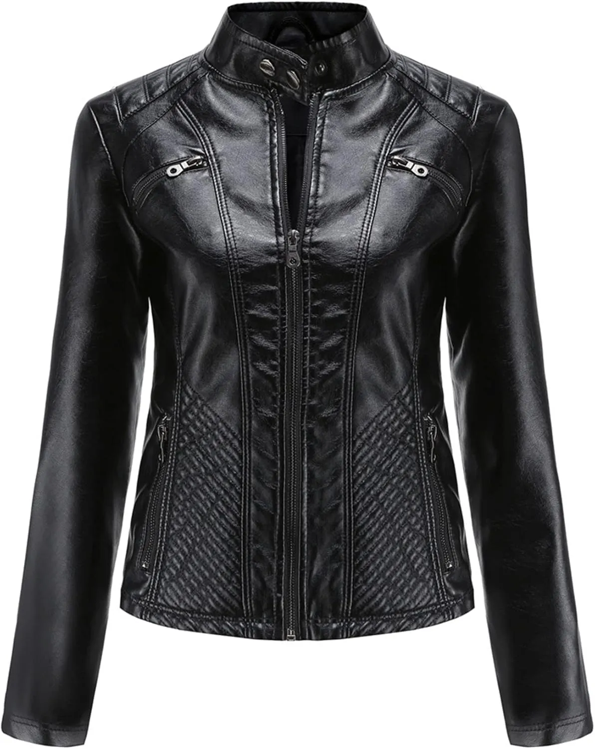Faux Leather Jacket for Women, Stand Collar Biker Outerwear Jacket with Zipper Pockets