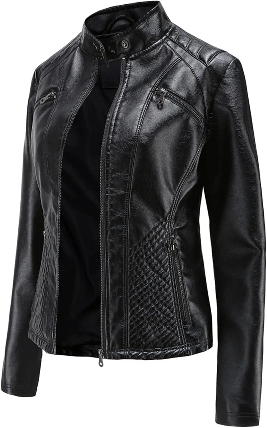 Faux Leather Jacket for Women, Stand Collar Biker Outerwear Jacket with Zipper Pockets