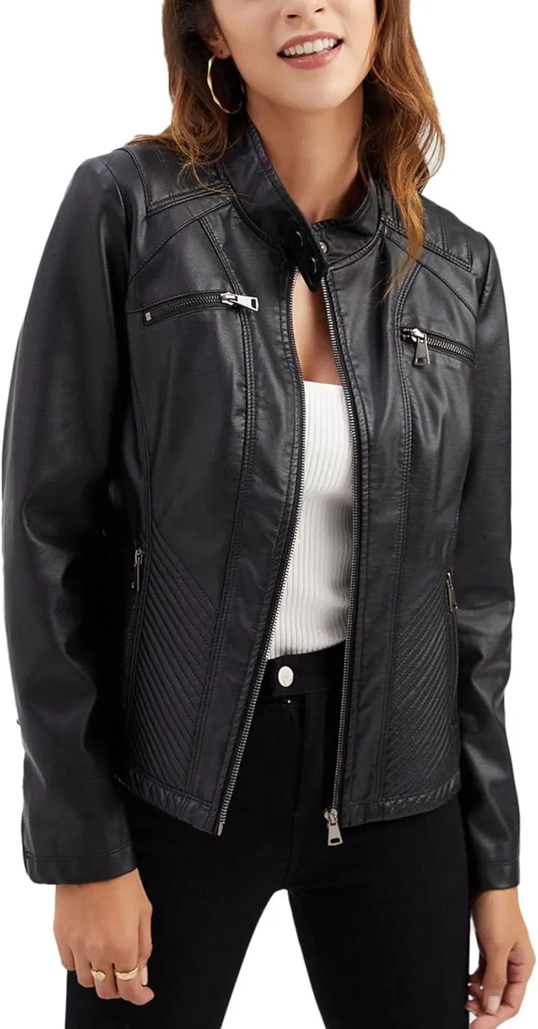 Faux Leather Jacket for Women, Stand Collar Biker Outerwear Jacket with Zipper Pockets