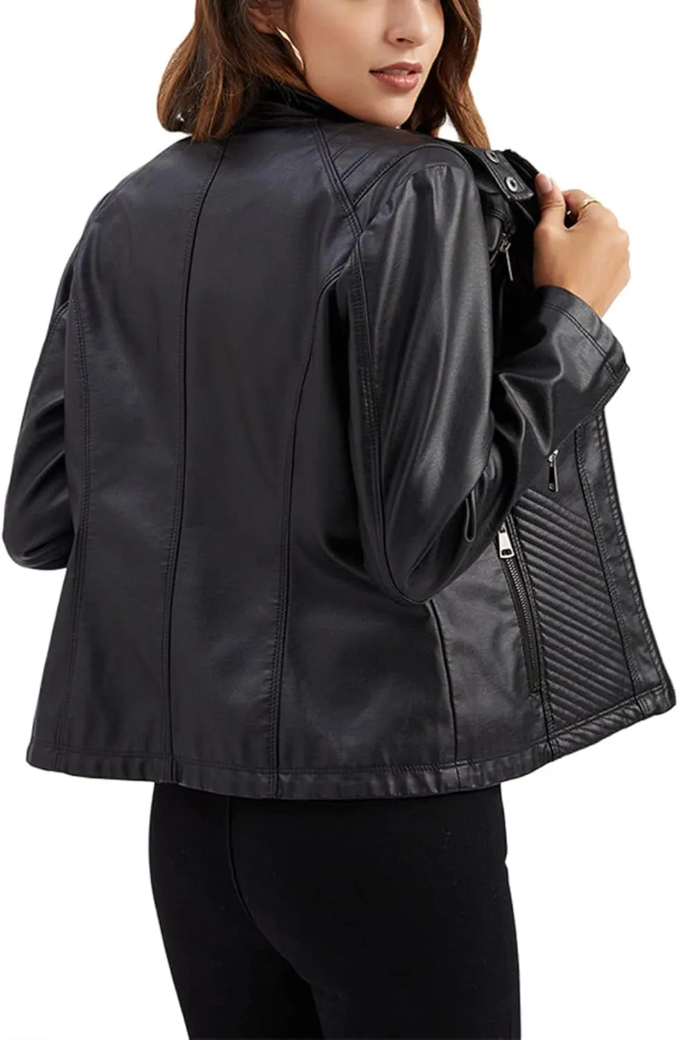 Faux Leather Jacket for Women, Stand Collar Biker Outerwear Jacket with Zipper Pockets