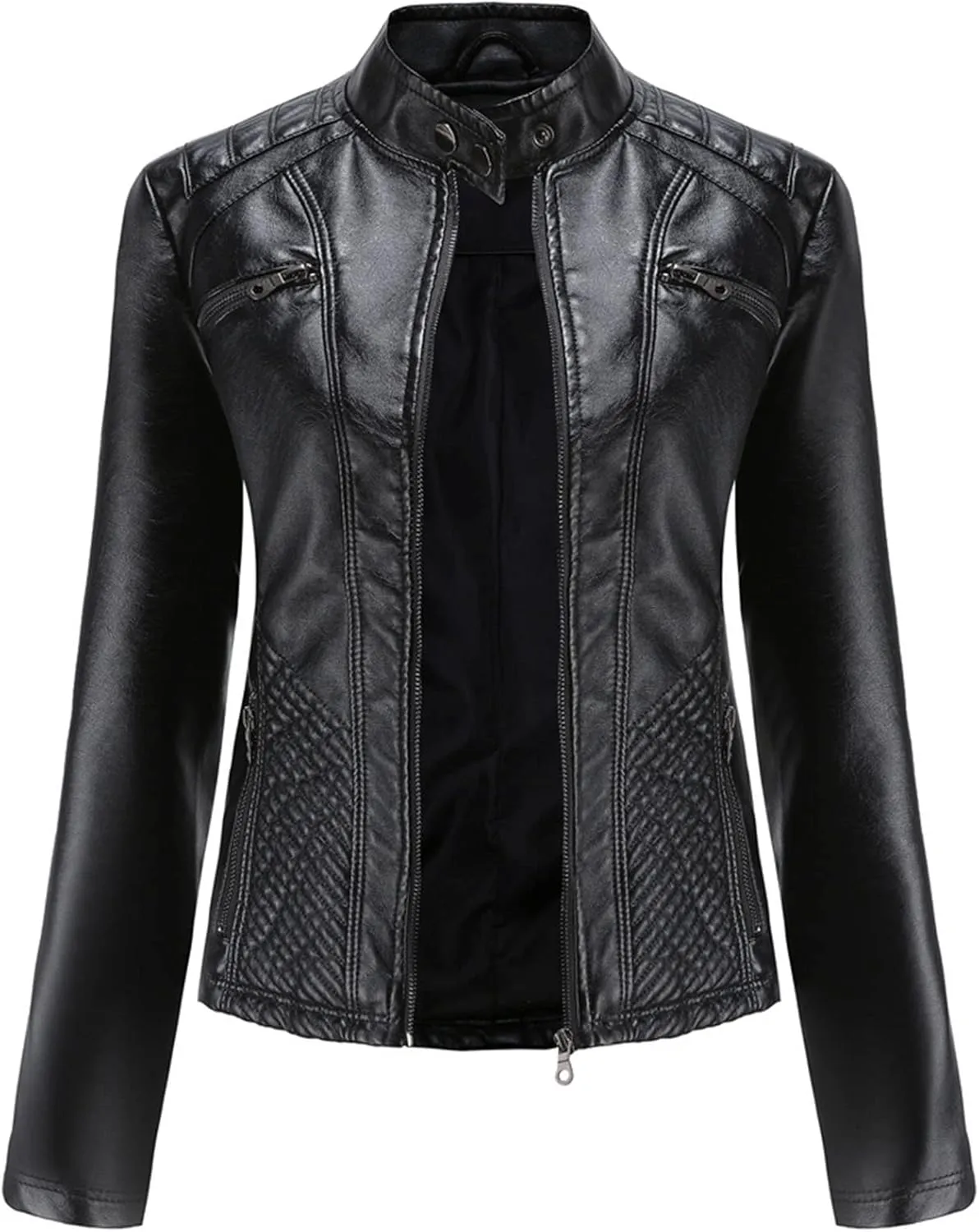 Faux Leather Jacket for Women, Stand Collar Biker Outerwear Jacket with Zipper Pockets