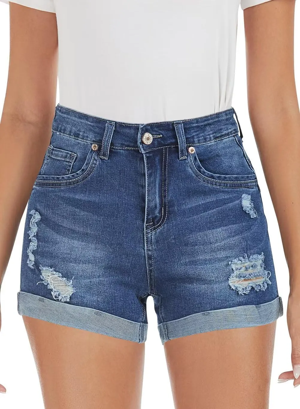 FEKOAFE 2025 Womens Casual Mid/High Waisted Denim Shorts Summer Stretchy Ripped Jean Shorts for Women