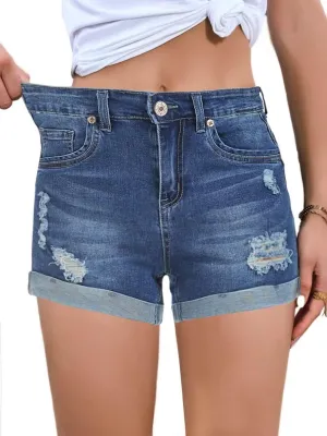 FEKOAFE 2025 Womens Casual Mid/High Waisted Denim Shorts Summer Stretchy Ripped Jean Shorts for Women