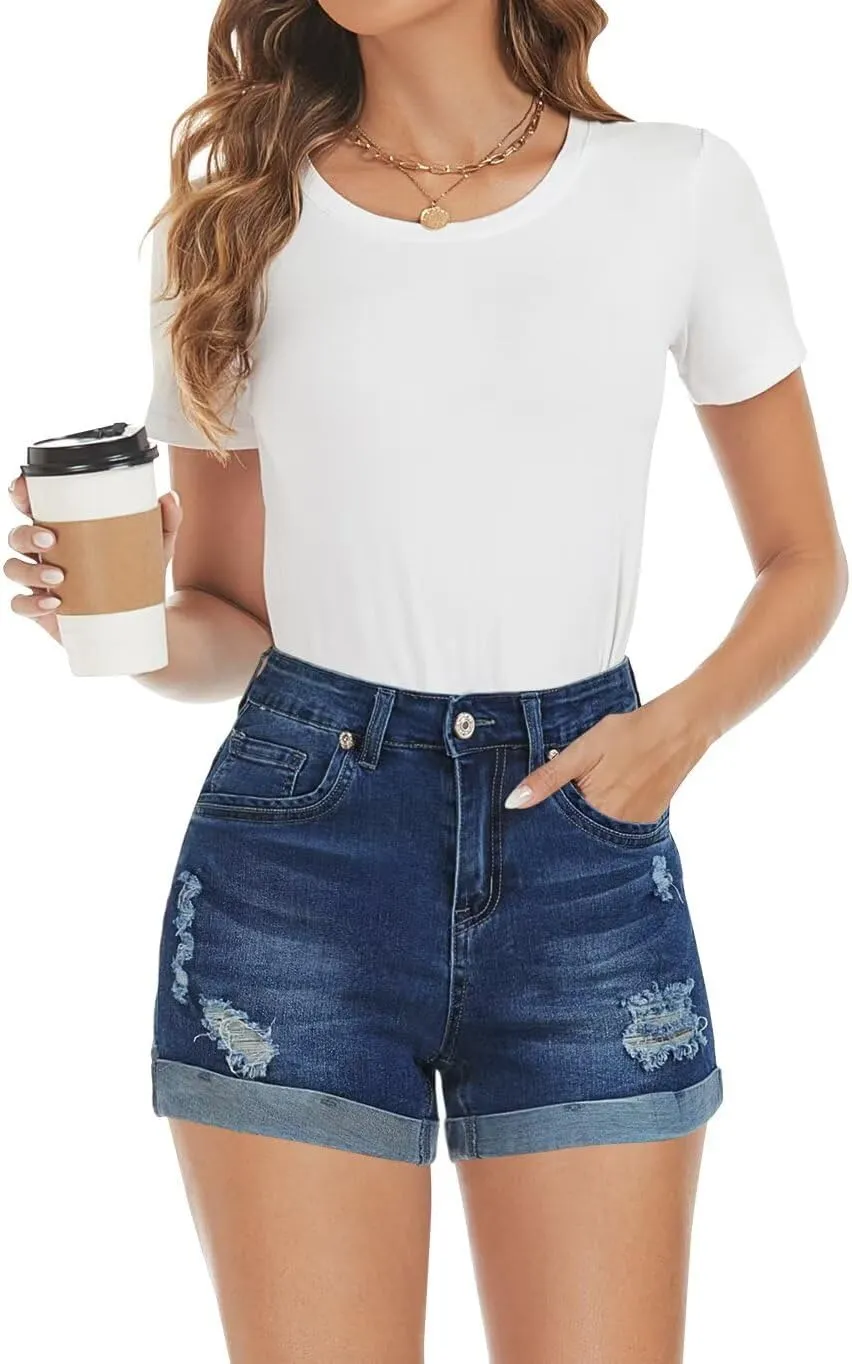 FEKOAFE 2025 Womens Casual Mid/High Waisted Denim Shorts Summer Stretchy Ripped Jean Shorts for Women