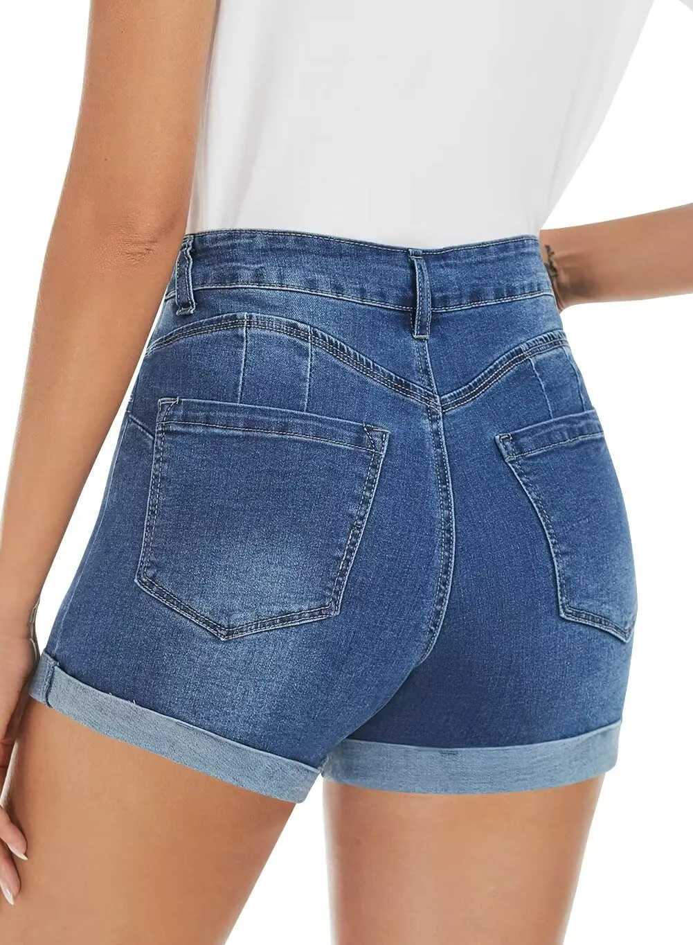 FEKOAFE 2025 Womens Casual Mid/High Waisted Denim Shorts Summer Stretchy Ripped Jean Shorts for Women