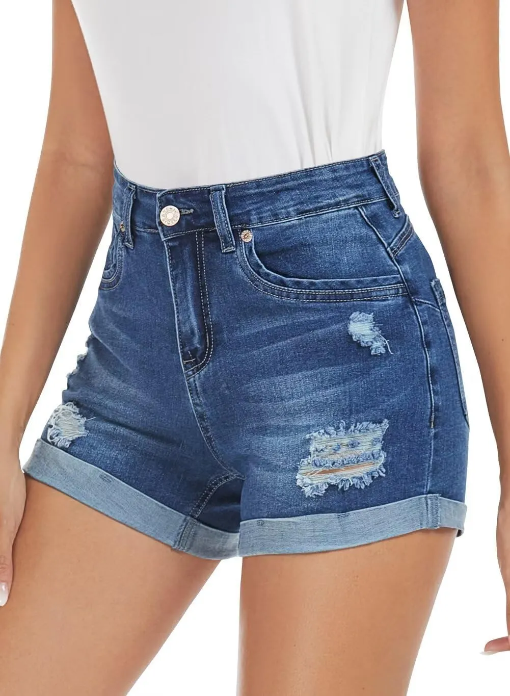 FEKOAFE 2025 Womens Casual Mid/High Waisted Denim Shorts Summer Stretchy Ripped Jean Shorts for Women