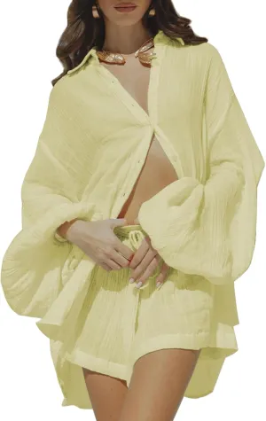 Fixmatti Women 2 Piece Outfits Summer Shorts Sets Lantern Sleeve Button Down Shirt and Shorts Sweatsuit