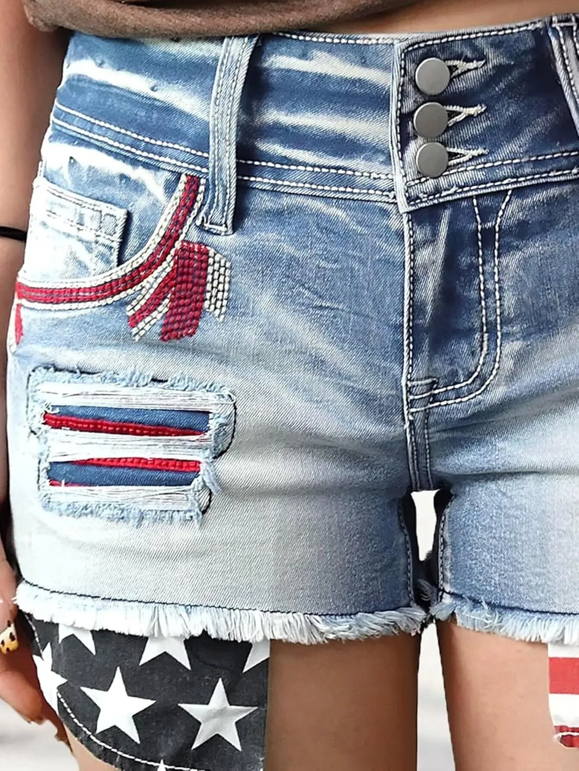 Flamingals Distressed Jean Shorts for Women High Waist American Flag Button Fly Raw Hem Denim Shorts