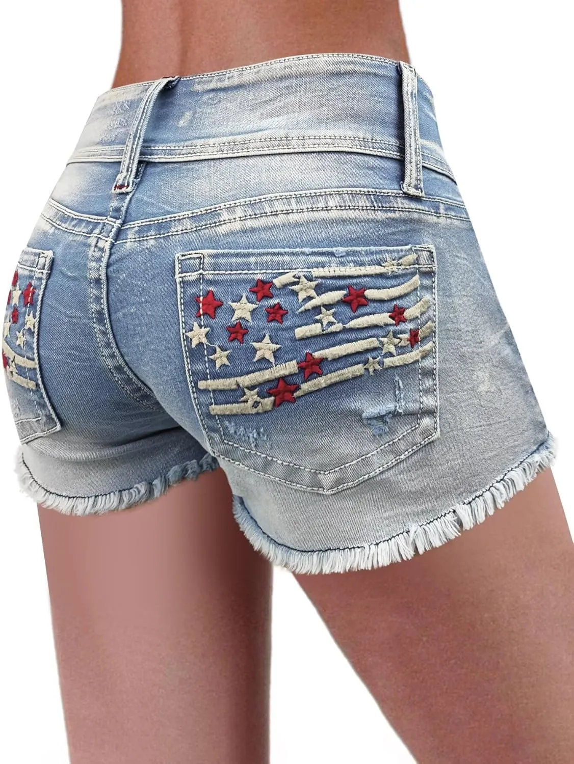 Flamingals Distressed Jean Shorts for Women High Waist American Flag Button Fly Raw Hem Denim Shorts