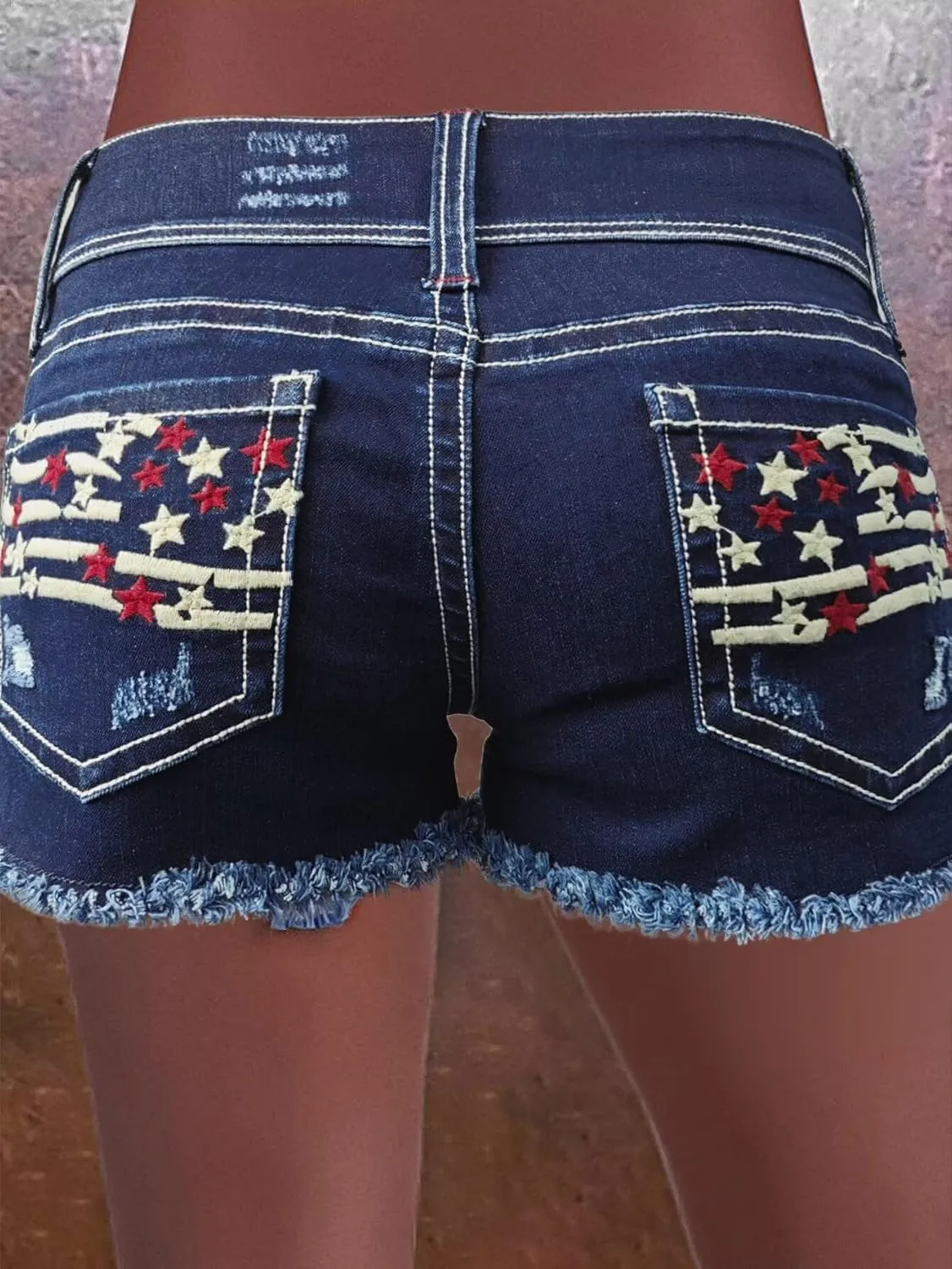 Flamingals Distressed Jean Shorts for Women High Waist American Flag Button Fly Raw Hem Denim Shorts