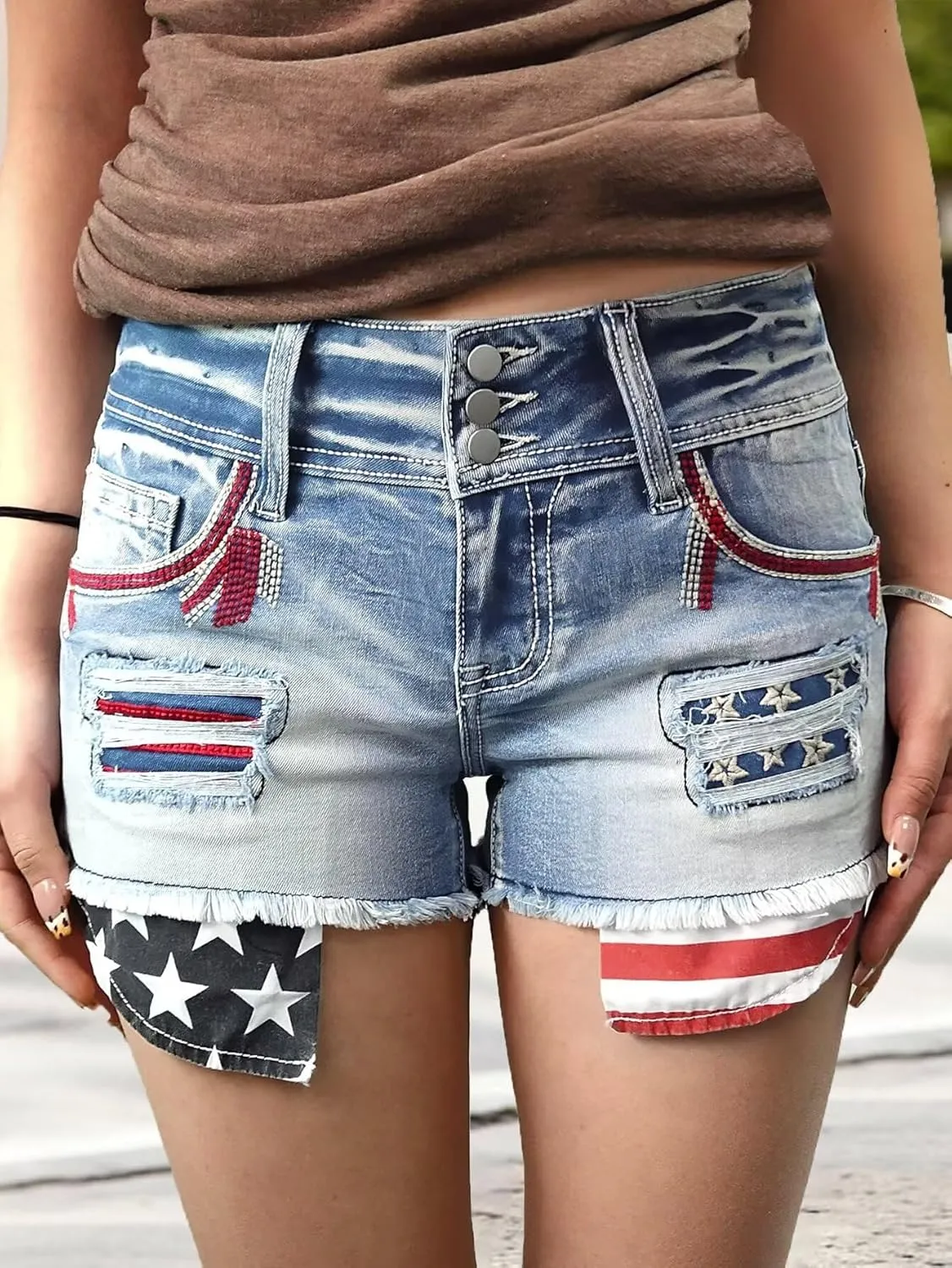 Flamingals Distressed Jean Shorts for Women High Waist American Flag Button Fly Raw Hem Denim Shorts