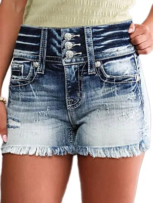 Flamingals Distressed Jean Shorts for Women Summer Mid Waist Ripped Button Fly Raw Hem Denim Shorts