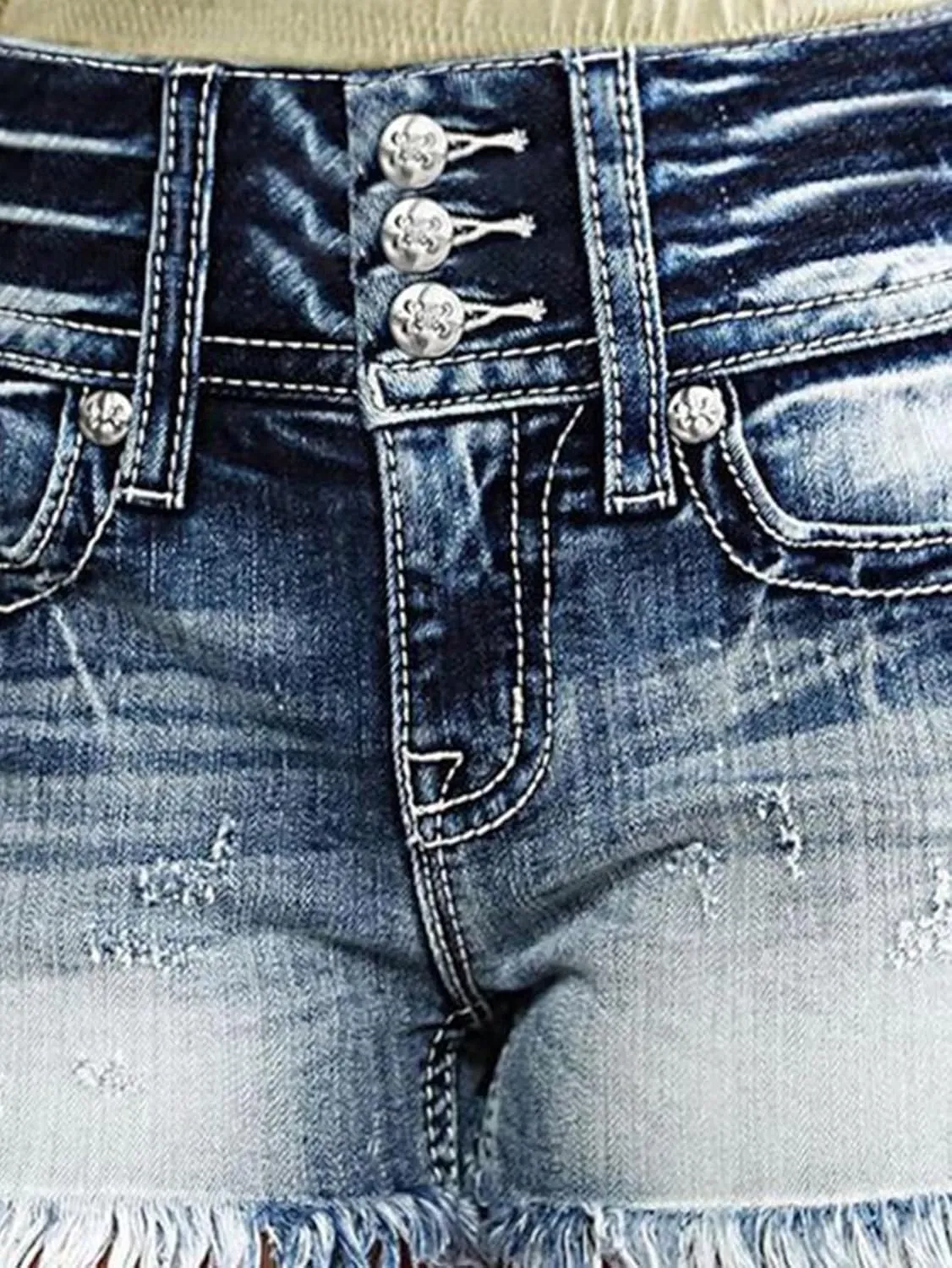 Flamingals Distressed Jean Shorts for Women Summer Mid Waist Ripped Button Fly Raw Hem Denim Shorts