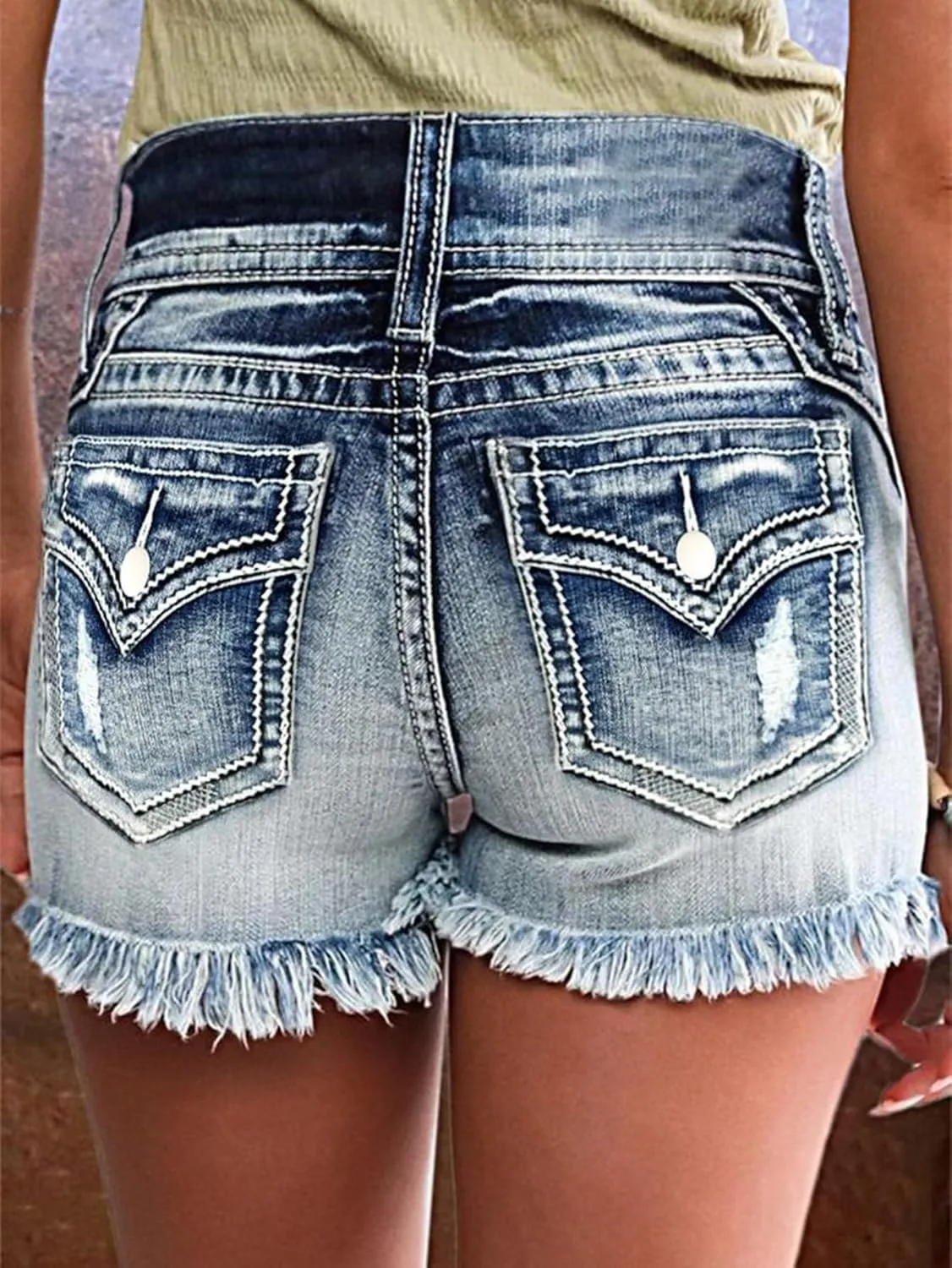 Flamingals Distressed Jean Shorts for Women Summer Mid Waist Ripped Button Fly Raw Hem Denim Shorts