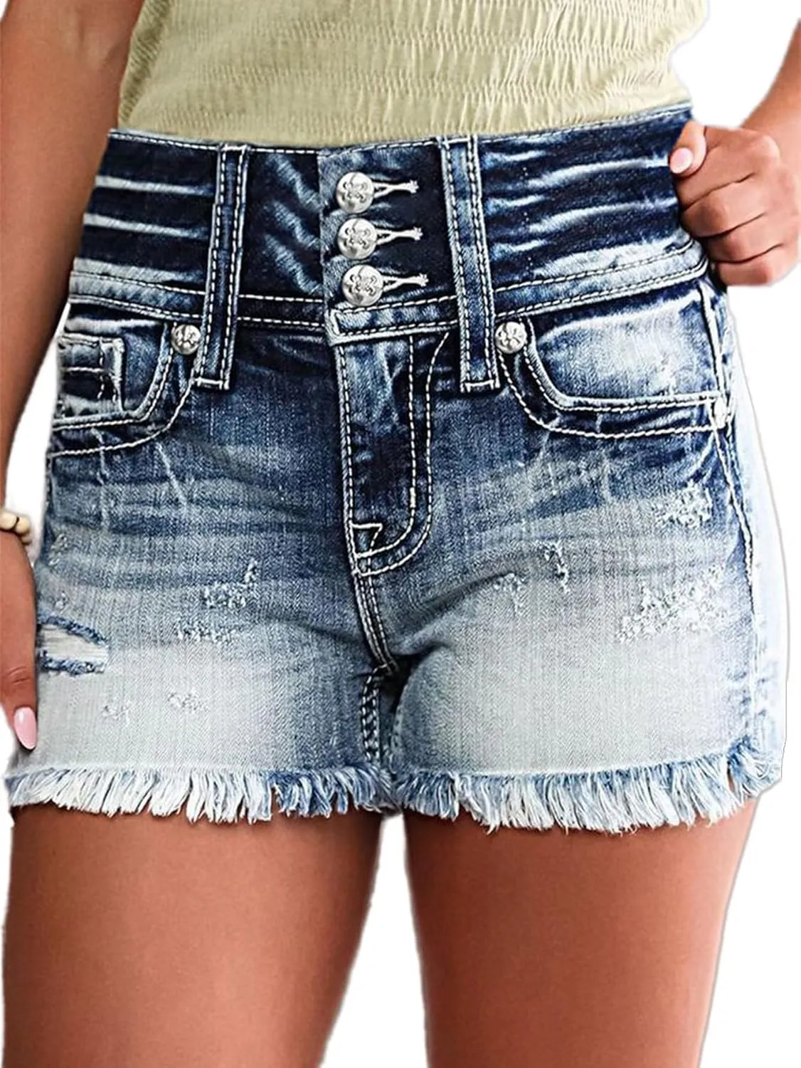 Flamingals Distressed Jean Shorts for Women Summer Mid Waist Ripped Button Fly Raw Hem Denim Shorts