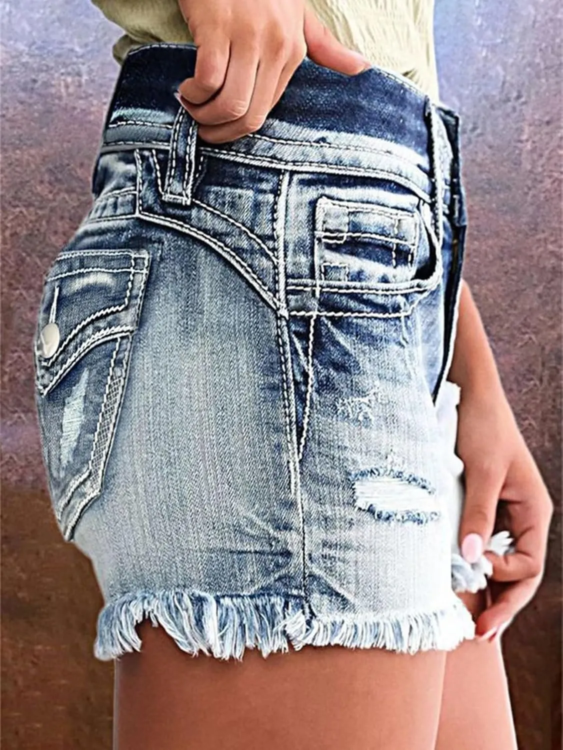 Flamingals Distressed Jean Shorts for Women Summer Mid Waist Ripped Button Fly Raw Hem Denim Shorts