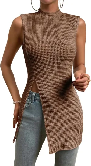 Floerns Women's Casual Sleeveless Mock Neck Split Hem Tank Top