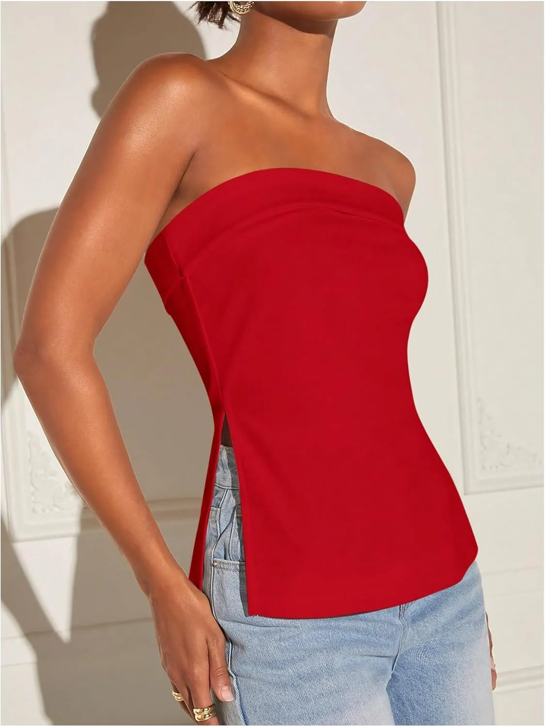 Floerns Women's Solid Strapless Bandeau Split Hem Casual Tube Top