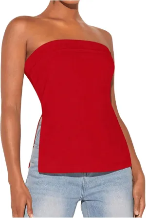 Floerns Women's Solid Strapless Bandeau Split Hem Casual Tube Top