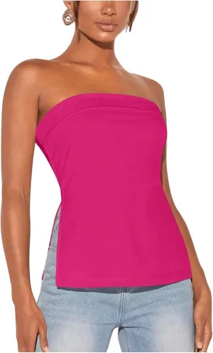 Floerns Women's Solid Strapless Bandeau Split Hem Casual Tube Top