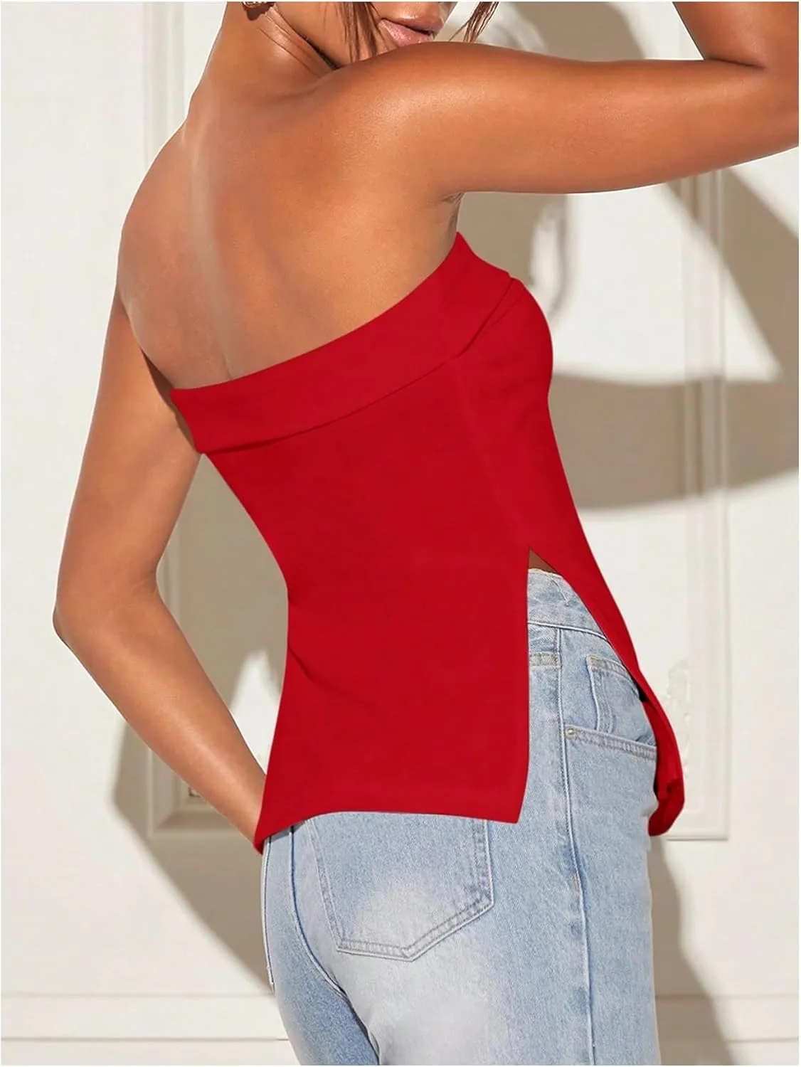 Floerns Women's Solid Strapless Bandeau Split Hem Casual Tube Top
