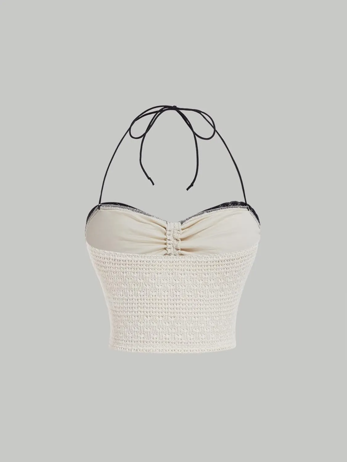 Floerns Women's Tie Backless Sleeveless Ruched Knitted Halter Crop Top