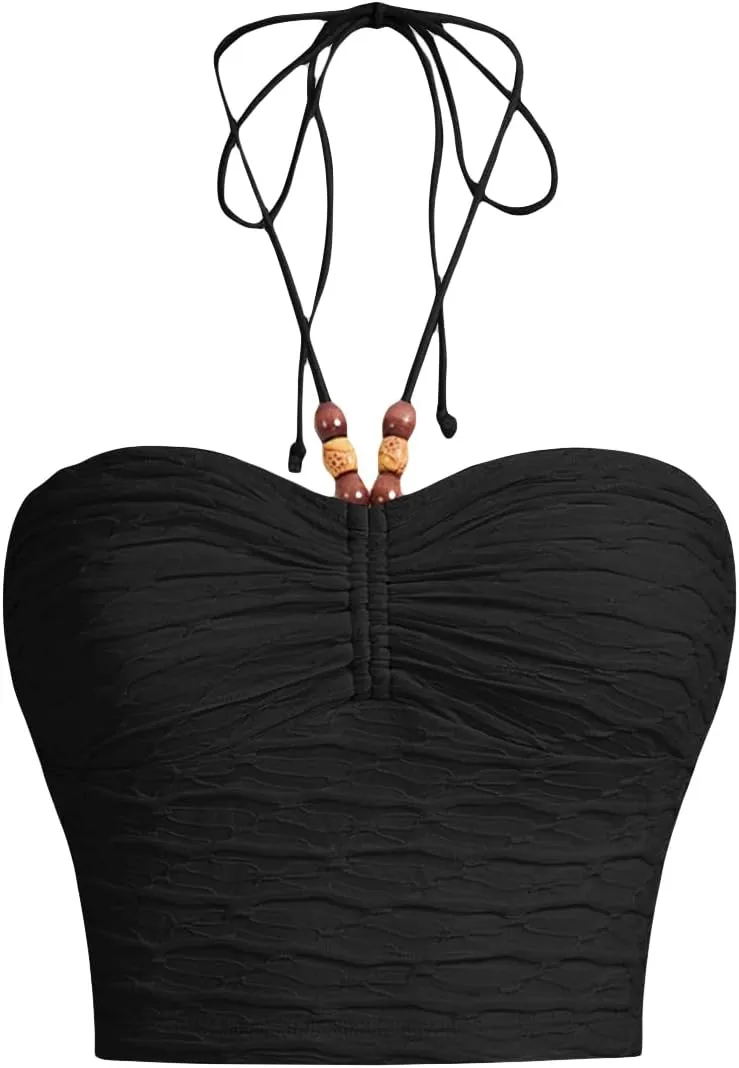 Floerns Women's Tie Backless Sleeveless Ruched Knitted Halter Crop Top