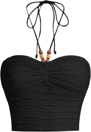 Floerns Women's Tie Backless Sleeveless Ruched Knitted Halter Crop Top