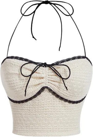 Floerns Women's Tie Backless Sleeveless Ruched Knitted Halter Crop Top