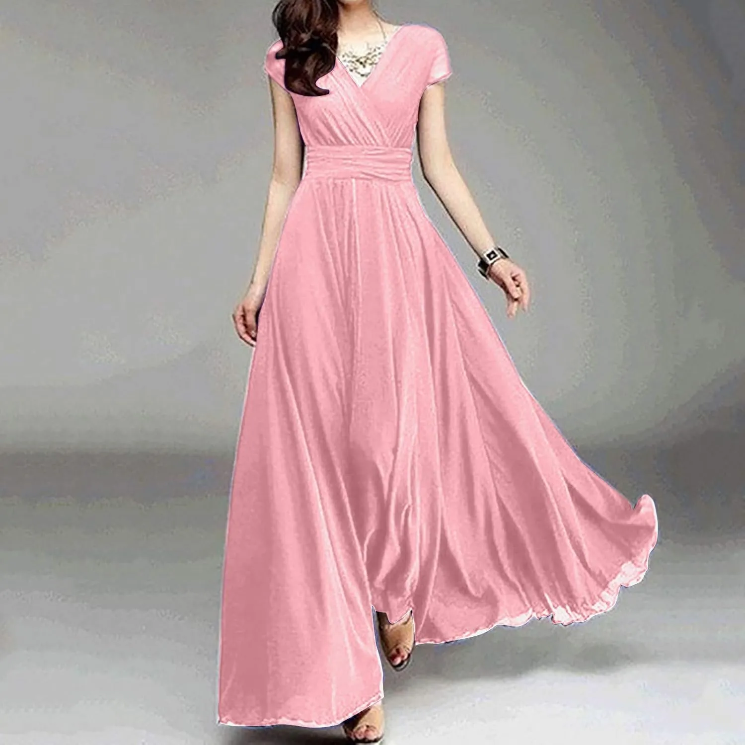 Flowy Maxi Dress Womens Spring Dresses Plus Size Short Sleeve V Neck Long Casual Plain Fashion Wedding Guest Dress S-5X