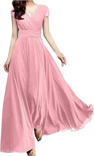 Flowy Maxi Dress Womens Spring Dresses Plus Size Short Sleeve V Neck Long Casual Plain Fashion Wedding Guest Dress S-5X