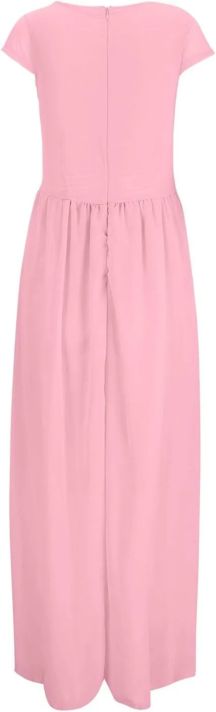 Flowy Maxi Dress Womens Spring Dresses Plus Size Short Sleeve V Neck Long Casual Plain Fashion Wedding Guest Dress S-5X