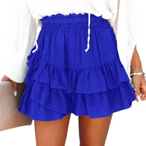 Flowy Shorts for Women Casual Boho Ruffle Tiered Skorts High Waist Mini Skirts Golf Tennis Textured Striped Shorts - Royal Blue L