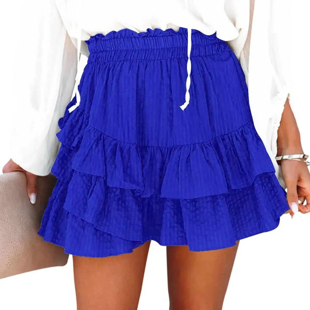 Flowy Shorts for Women Casual Boho Ruffle Tiered Skorts High Waist Mini Skirts Golf Tennis Textured Striped Shorts - Royal Blue L