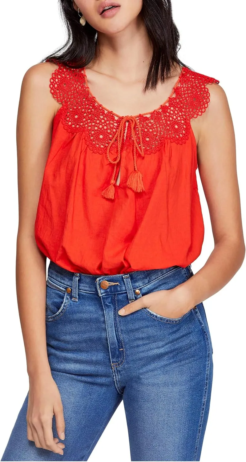 Free People Womens Clover Crochet Sleeveless Camisole Top Red L