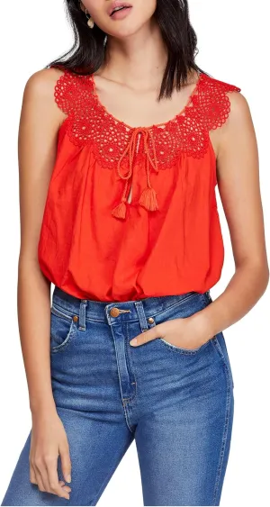 Free People Womens Clover Crochet Sleeveless Camisole Top Red L