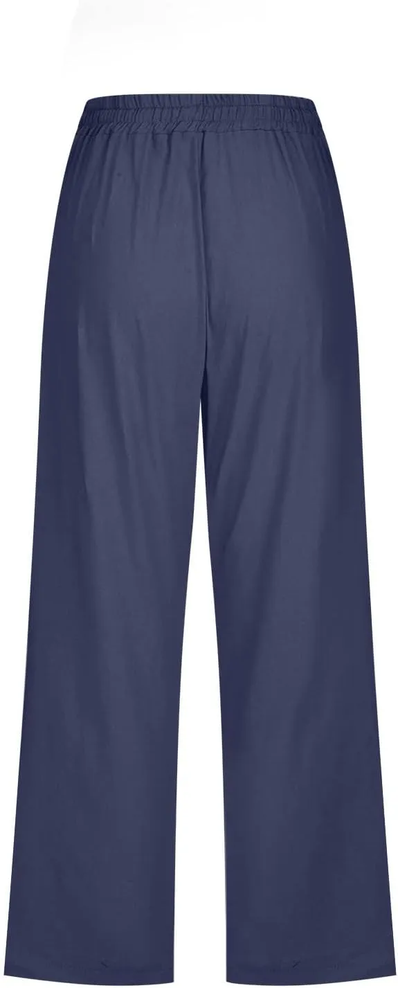 FZYLQY Capri Pants for Womens Casual 2025 Summer Drawstring Elastic High Waist Linen Pants Straight Wide Leg Cropped Trousers