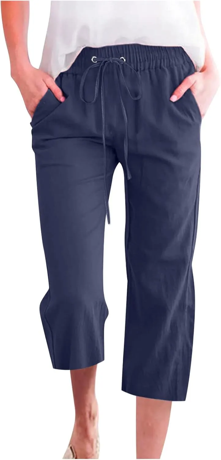 FZYLQY Capri Pants for Womens Casual 2025 Summer Drawstring Elastic High Waist Linen Pants Straight Wide Leg Cropped Trousers