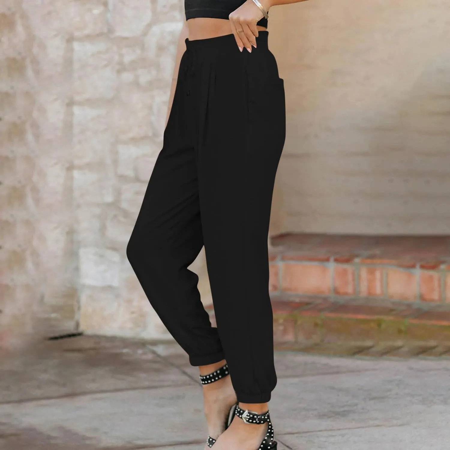 FZYLQY Womens 2025 Summer Casual Pants Drawstring Elastic High Waisted Work Trousers Joggers Trendy Harem Pants with Pockets
